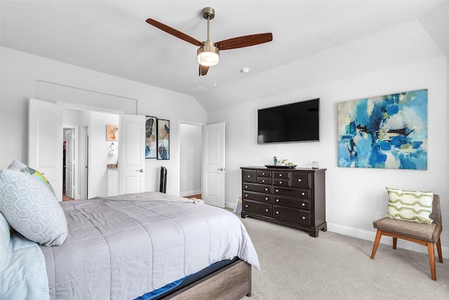 bedroom with vaulted ceiling, baseboards, a ceiling fan, and light colored carpet