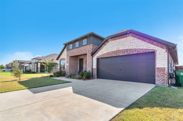 view of front of home with brick siding, concrete driveway, an attached garage, stone siding, and a front lawn