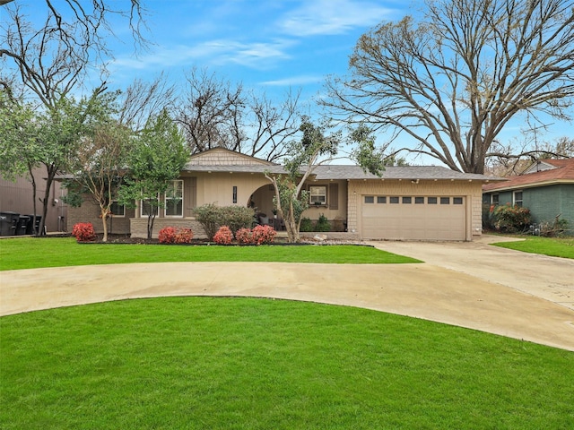 ranch-style house with driveway, an attached garage, a front lawn, and brick siding