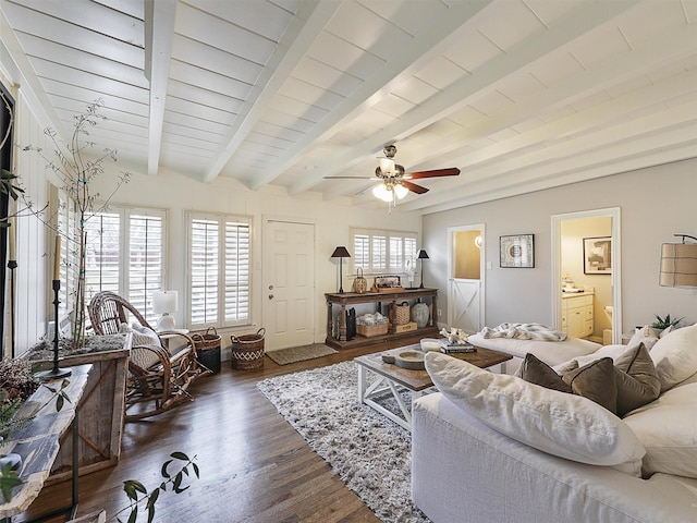 living room with dark wood-style floors, beamed ceiling, and ceiling fan