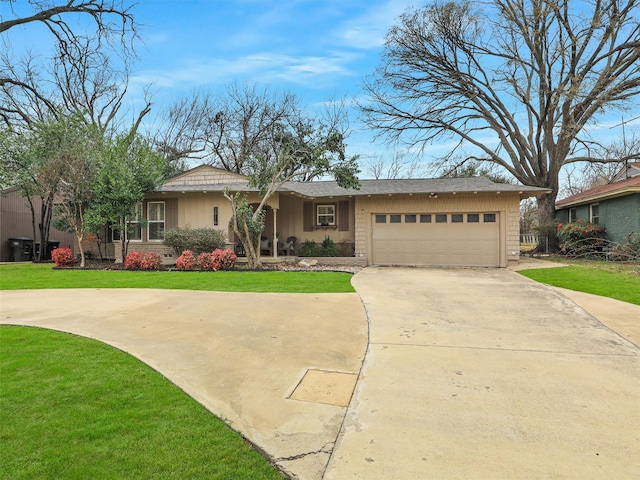 ranch-style home with a garage, driveway, and a front lawn