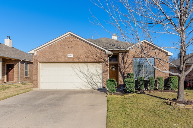 ranch-style home featuring an attached garage, a front lawn, concrete driveway, and brick siding