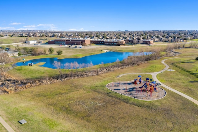 drone / aerial view featuring a water view