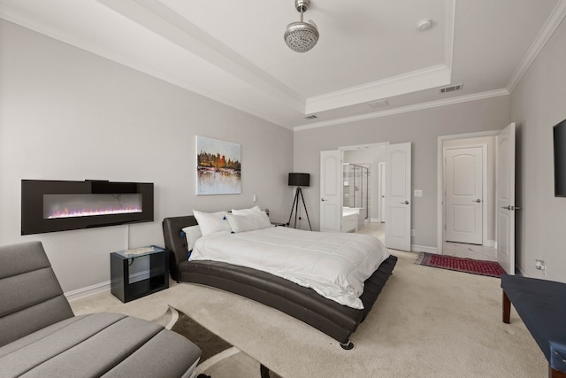 bedroom featuring visible vents, ornamental molding, baseboards, a raised ceiling, and light colored carpet