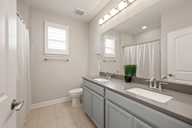 full bath with tile patterned floors, visible vents, toilet, and a sink