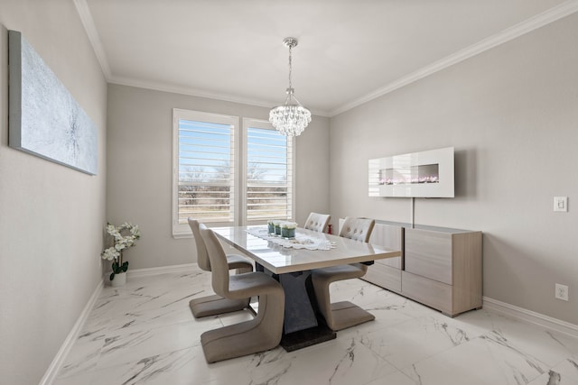 dining space featuring a chandelier, baseboards, marble finish floor, and ornamental molding