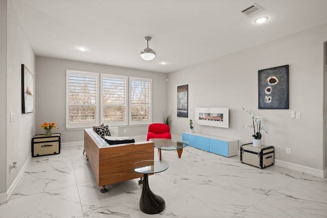 interior space with visible vents, recessed lighting, marble finish floor, and baseboards