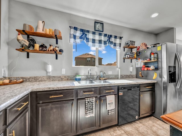 kitchen with dishwasher, light countertops, stainless steel refrigerator with ice dispenser, open shelves, and a sink