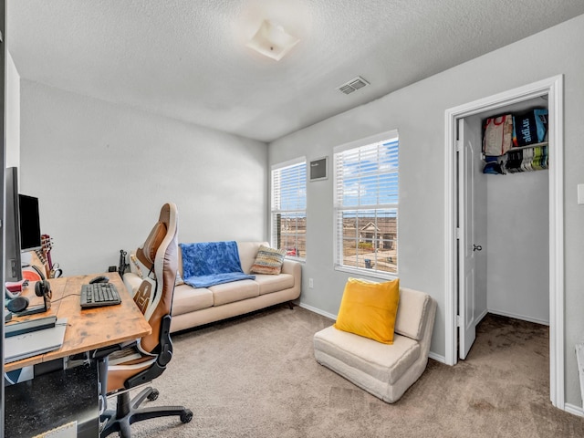 office space with carpet floors, baseboards, visible vents, and a textured ceiling