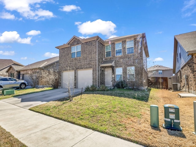 traditional-style home featuring a garage, concrete driveway, fence, central air condition unit, and brick siding