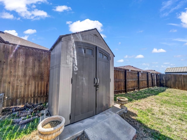 view of shed featuring a fenced backyard