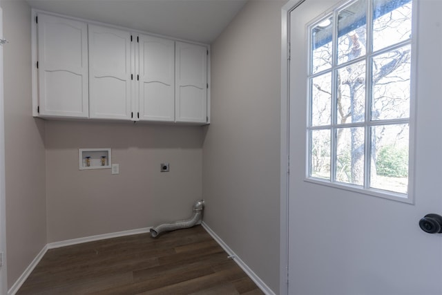 laundry room with baseboards, hookup for a washing machine, dark wood-style floors, cabinet space, and electric dryer hookup