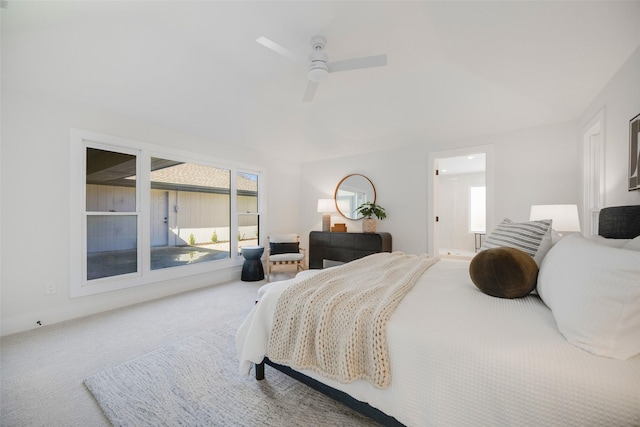 bedroom featuring carpet floors, connected bathroom, and ceiling fan