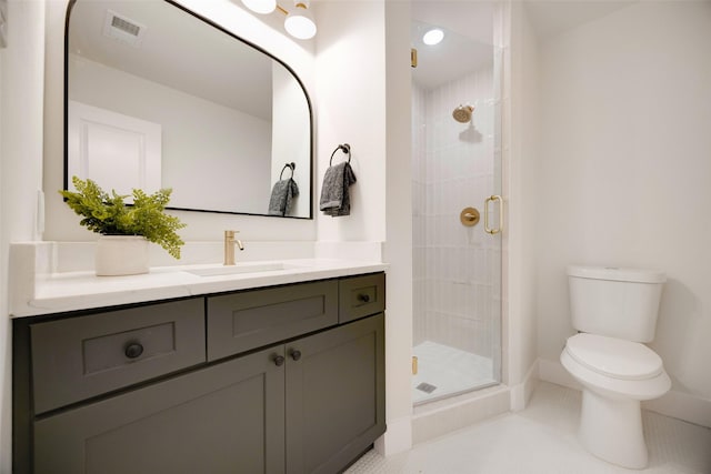 full bathroom with visible vents, toilet, tile patterned floors, vanity, and a shower stall