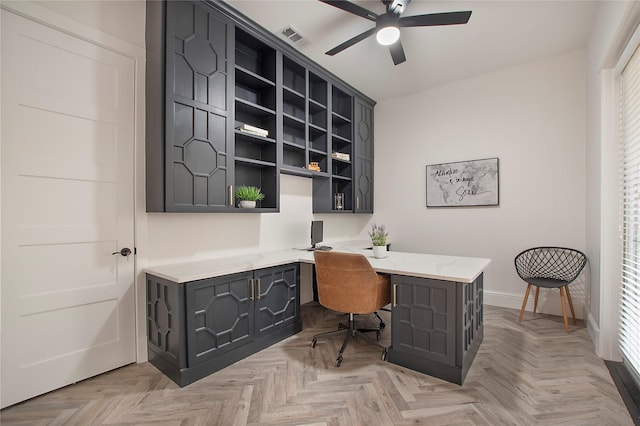 bedroom featuring a ceiling fan, recessed lighting, baseboards, and visible vents