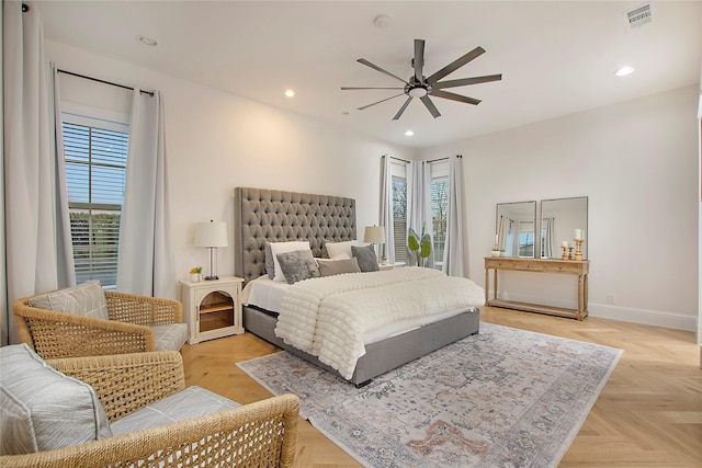 bedroom with visible vents, baseboards, a ceiling fan, and recessed lighting