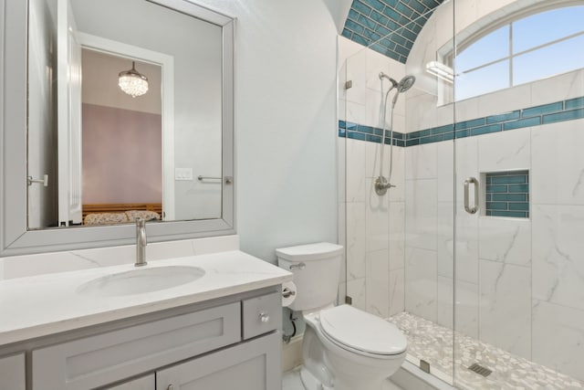 ensuite bathroom with a shower stall, toilet, vanity, and connected bathroom