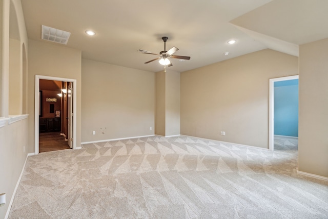 unfurnished room with a ceiling fan, recessed lighting, visible vents, and light colored carpet