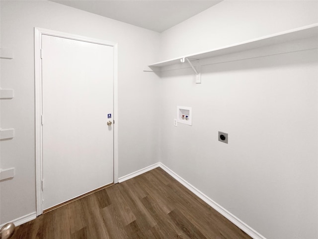 clothes washing area featuring hookup for a washing machine, hookup for an electric dryer, laundry area, baseboards, and dark wood-style floors