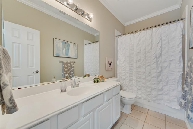 full bathroom featuring vanity, ornamental molding, tile patterned flooring, and toilet