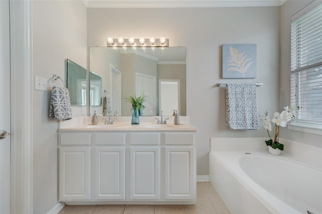 full bathroom with crown molding, double vanity, a sink, a bath, and tile patterned floors