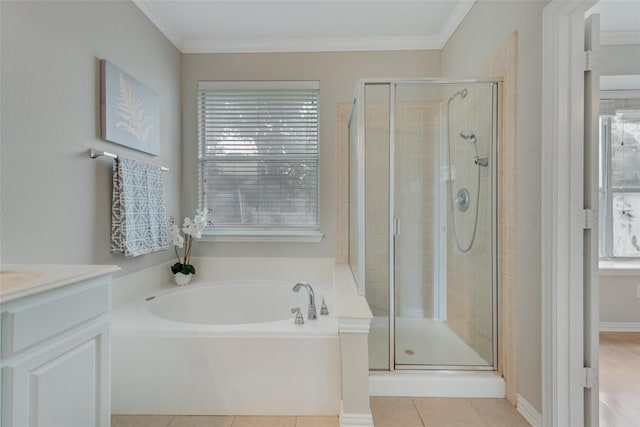 full bath with a garden tub, a shower stall, and ornamental molding