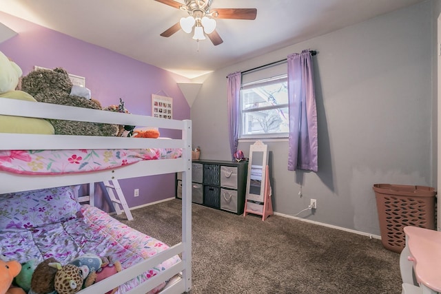 bedroom with ceiling fan, carpet, and baseboards