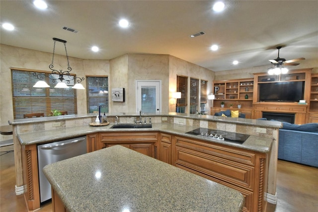 kitchen with black electric stovetop, visible vents, stainless steel dishwasher, open floor plan, and a sink