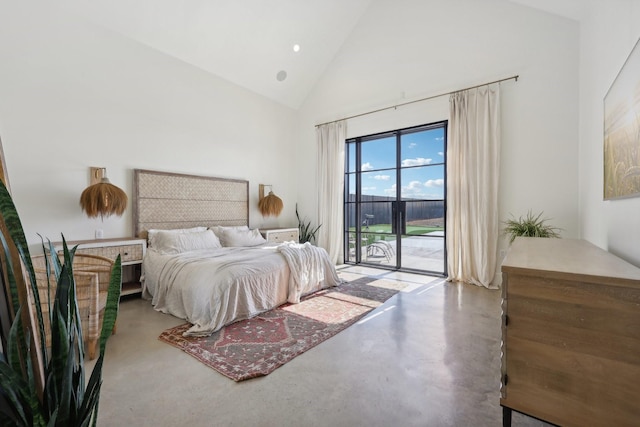 bedroom featuring access to outside, recessed lighting, high vaulted ceiling, and finished concrete floors