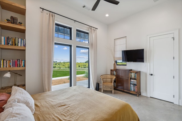 bedroom with ceiling fan, recessed lighting, visible vents, access to outside, and finished concrete floors