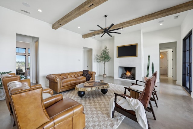 living room featuring a warm lit fireplace, visible vents, ceiling fan, beam ceiling, and recessed lighting