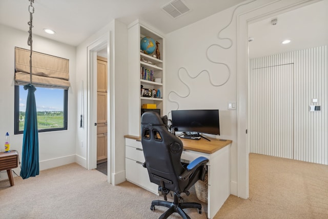 office with light carpet, visible vents, and recessed lighting