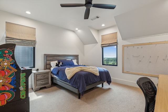 bedroom featuring recessed lighting, visible vents, a ceiling fan, and light colored carpet