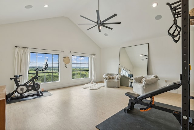 exercise area with high vaulted ceiling, a ceiling fan, and recessed lighting