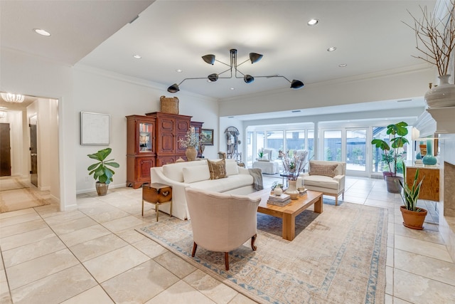 living room with a notable chandelier, recessed lighting, ornamental molding, light tile patterned flooring, and baseboards