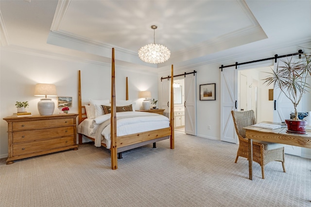 bedroom with a barn door, baseboards, a raised ceiling, light colored carpet, and crown molding