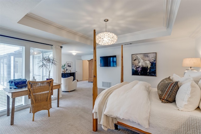 bedroom with light carpet, visible vents, and a raised ceiling