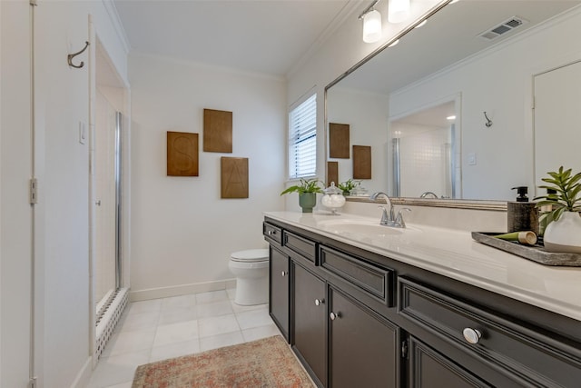 bathroom featuring toilet, vanity, visible vents, a stall shower, and crown molding