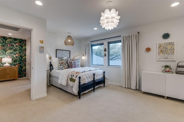 bedroom featuring recessed lighting, light carpet, visible vents, baseboards, and wallpapered walls