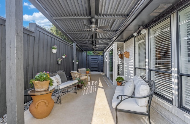 view of patio / terrace with ceiling fan, outdoor lounge area, and fence private yard