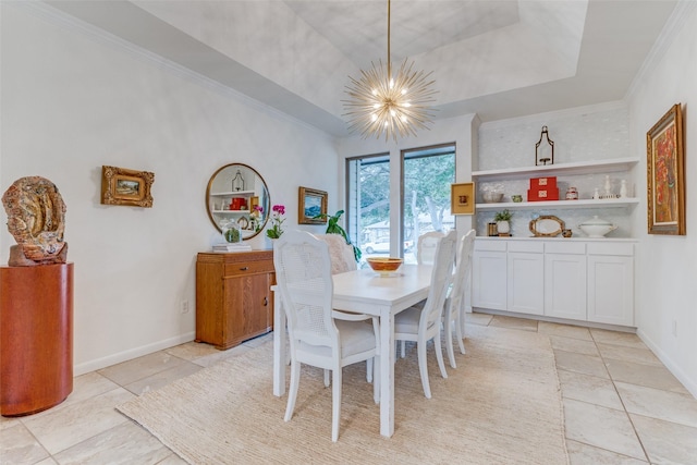 dining room featuring a chandelier, light tile patterned floors, baseboards, ornamental molding, and a tray ceiling