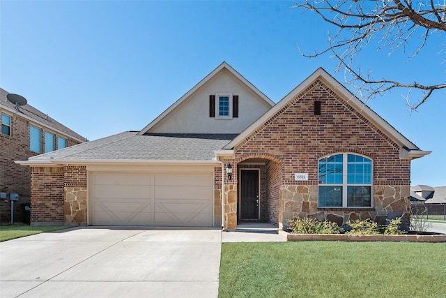 view of front of property featuring driveway, stone siding, roof with shingles, an attached garage, and brick siding