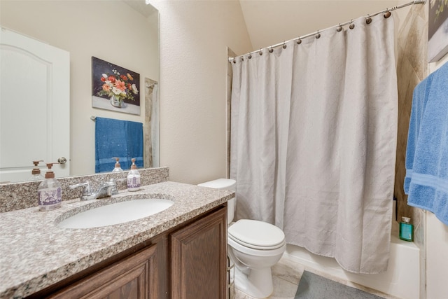 full bathroom with toilet, shower / tub combo, and vanity