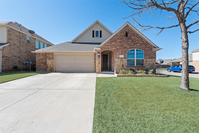 traditional-style house with an attached garage, brick siding, concrete driveway, roof with shingles, and a front yard