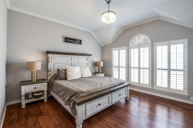 bedroom featuring a chandelier, dark wood finished floors, vaulted ceiling, and ornamental molding