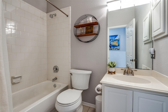 bathroom with shower / tub combo, vanity, toilet, and baseboards