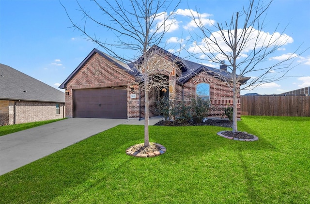 view of front of property featuring a garage, brick siding, fence, and driveway