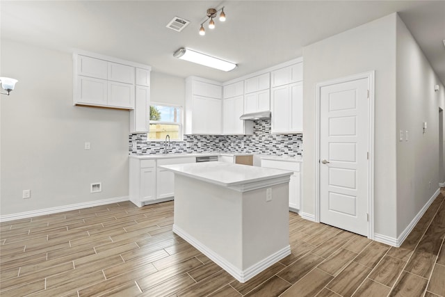 kitchen with under cabinet range hood, a sink, visible vents, decorative backsplash, and wood tiled floor