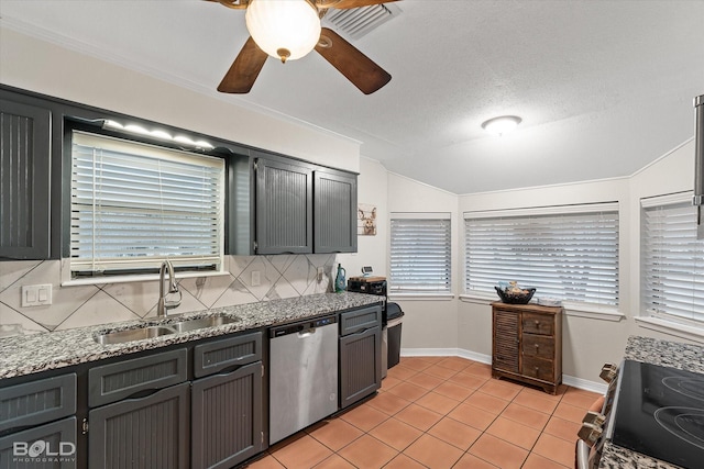 kitchen with decorative backsplash, electric range oven, dishwasher, a sink, and light tile patterned flooring