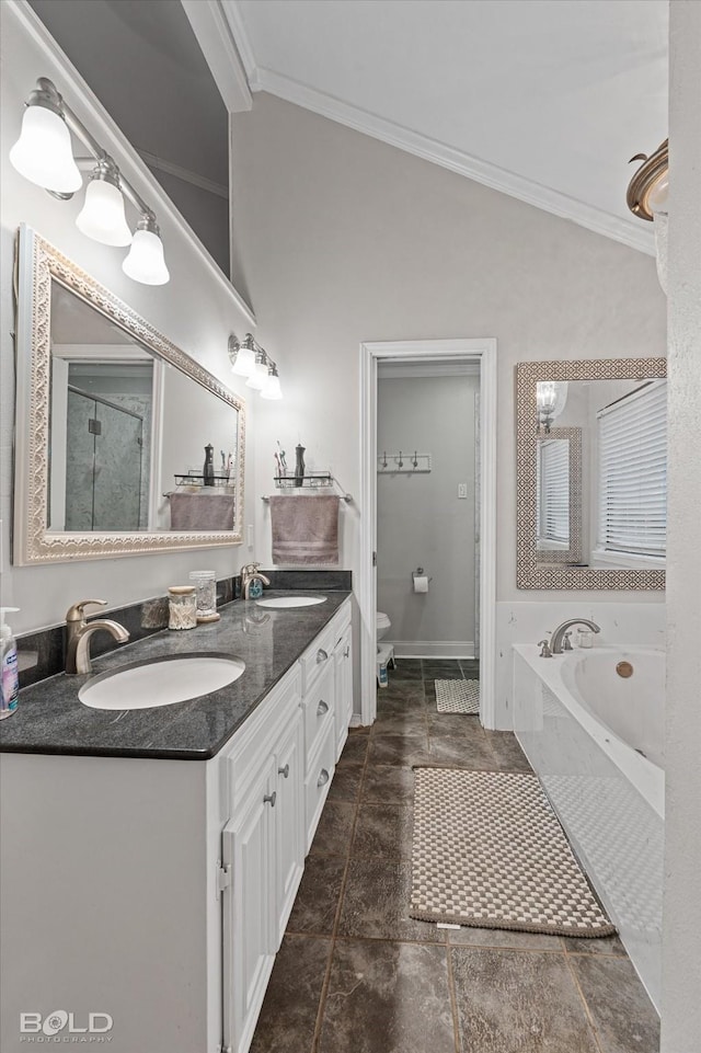 full bathroom with lofted ceiling, a garden tub, crown molding, and a sink